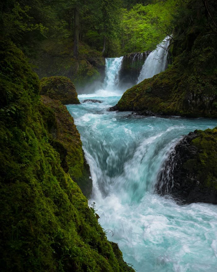 A stunning waterfall with vibrant waters flows through lush, mossy rocks in a serene forest setting.